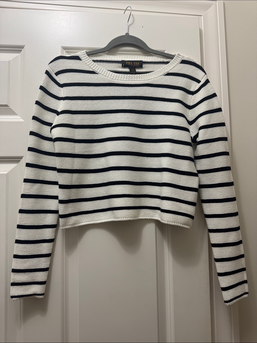 Truth Cropped White Sweater with Navy Stripes
